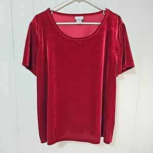 Vtg Jaclyn Smith Red Velour Top XXL Romantic Holiday Short Sleeve Stretch Velvet